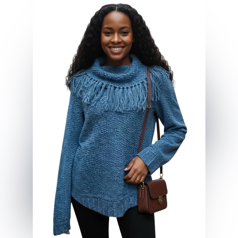 PURE SILK Hand Knitted Blue Cowl Neck Sweater Fringe Detail Small Luxury EUC